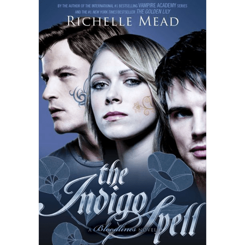 Cover of The Indigo Spell by Richelle Mead features three intense young adults surrounded by indigo blooms, symbolizing magic and mystery.
