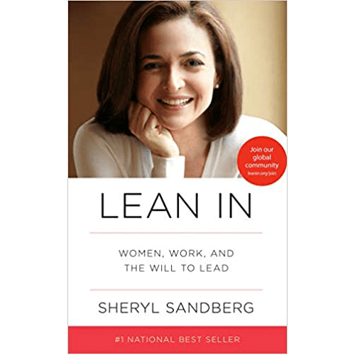 Cover of Lean In by Sheryl Sandberg featuring the author smiling warmly, with a white background and bold red accents. First edition hardcover.