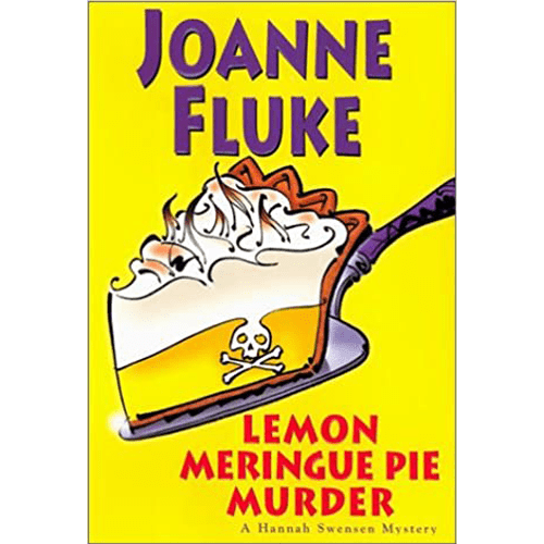 Cover of Lemon Meringue Pie Murder by Joanne Fluke shows a slice of pie with a skull and crossbones, hinting at sweet danger in this cozy mystery.