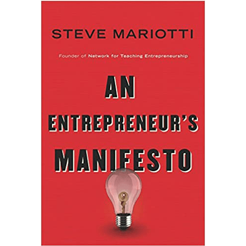 Book cover for 'An Entrepreneur’s Manifesto' by Steve Mariotti, featuring bold black and white text on a red background with a light bulb at the bottom, symbolizing innovation and ideas."