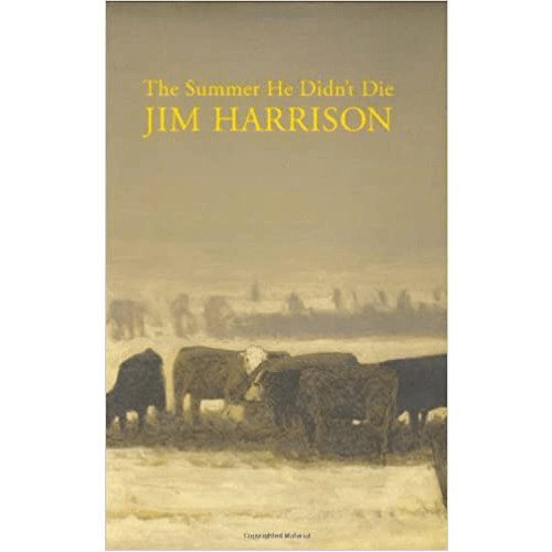 Book cover of The Summer He Didn’t Die by Jim Harrison, featuring a muted painting of cattle on a misty landscape. First edition hardcover.