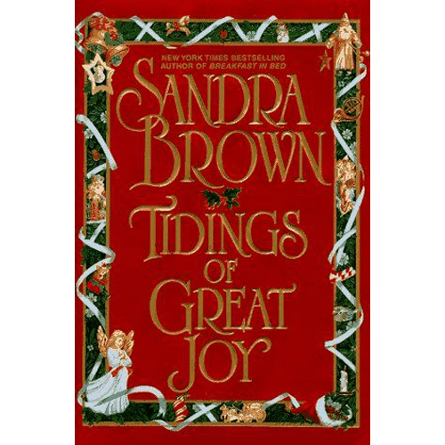 Cover of Tidings of Great Joy by Sandra Brown features festive red background with gold lettering and holiday-themed border design.