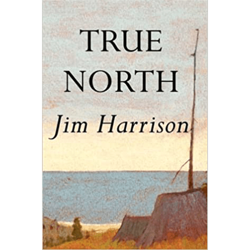 Cover of True North by Jim Harrison showing a serene lakeside with a tree stump and barren pole, symbolizing environmental themes.