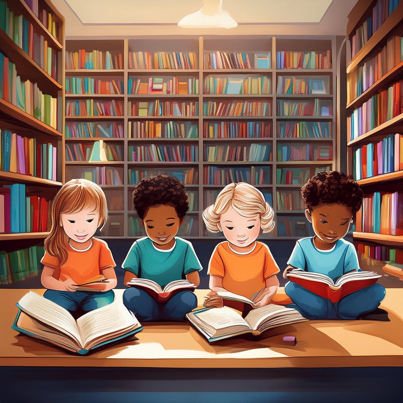 Four children sit on the floor of a cozy library, engaged in reading and writing. Surrounded by tall bookshelves filled with colorful books, they enjoy learning together in a warm, inviting atmosphere.