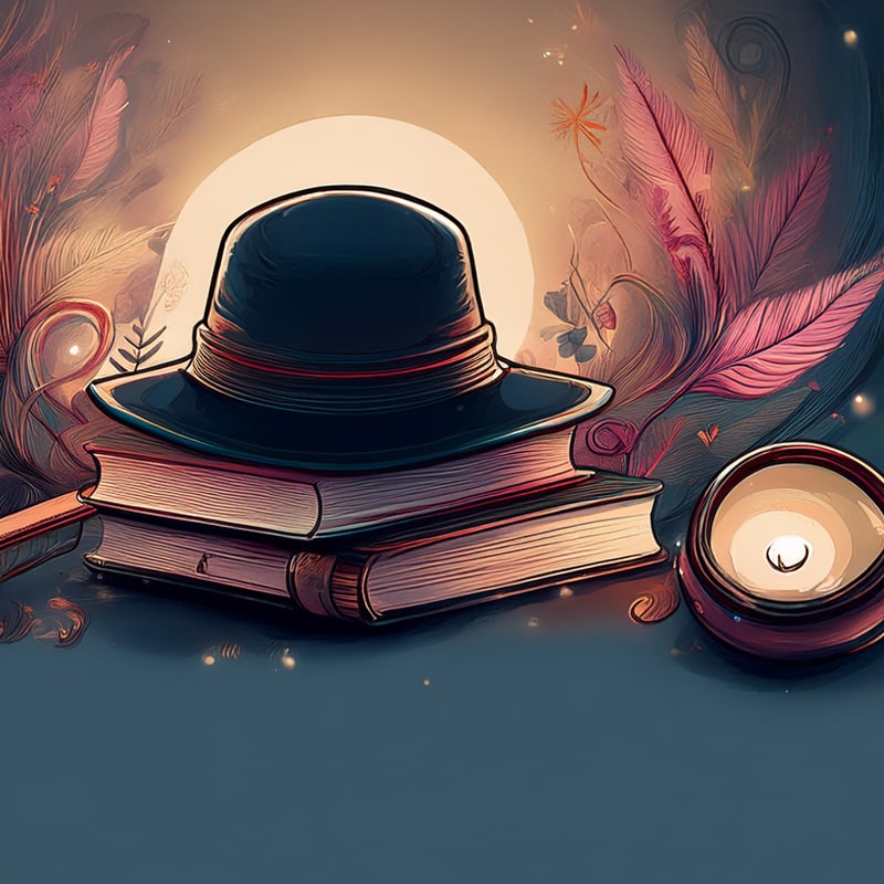 A black detective hat on stacked books, with a candle and feathers, creating a cozy mystery vibe.