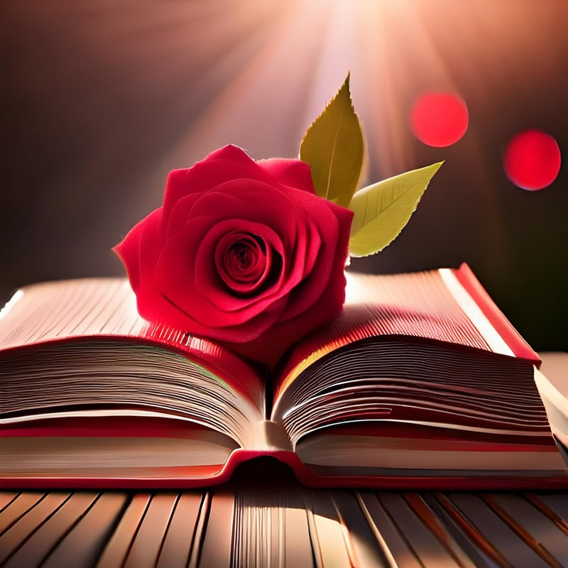 An open book with a red rose resting on its pages, bathed in warm, romantic light.