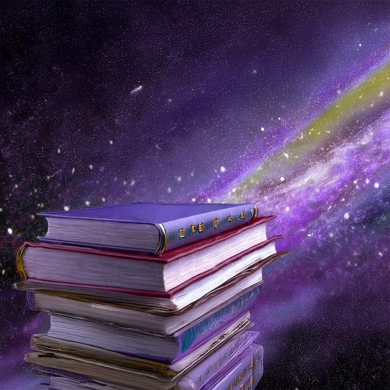 Stack of books floating in outer space with a cosmic background of stars and galaxies.