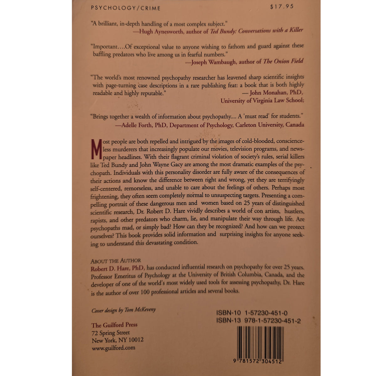 Back cover of the book Psychology/Crime, showing review quotes, author information for Ted Bundy, publisher details for Guilford Press, ISBN numbers, and a barcode.
