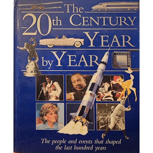 Blue cover of The 20th Century Year by Year featuring notable 20th-century figures and moments, including Martin Luther King Jr., Princess Diana, Apollo spacecraft, and Elvis Presley in a collage format.