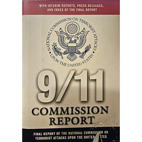 Cover of 9/11 Commission Report featuring the official emblem of the National Commission on Terrorist Attacks and bold title text in cream, red, and black.