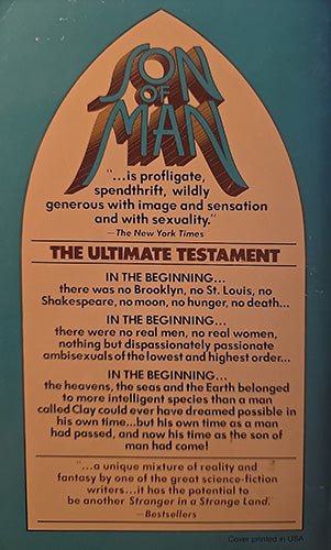 A printed poster or book cover design with a tan arch-shaped panel on a teal-blue background. The top features stylized lettering and a central emblem, with a quote from The New York Times above the title 'THE ULTIMATE TESTAMENT' and a block of text below.