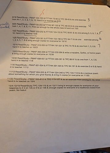 Original course assignments and reading materials from Professor Everett Hoagland’s advanced poetry class, laid in.