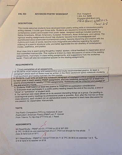 Original printed syllabus from Professor Everett Hoagland’s Advanced Poetry Workshop, laid into the book.