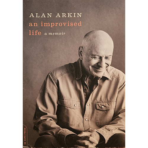 The book cover of An Improvised Life by Alan Arkin features a sepia-toned image of the actor, smiling and looking down, set against a simple background with the title and subtitle in bold text.