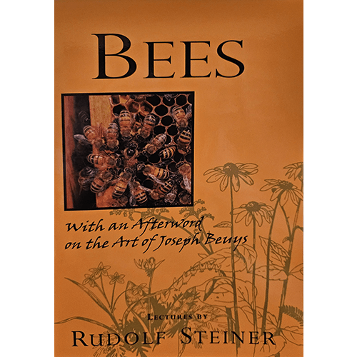 The cover of "Bees: Lectures by Rudolf Steiner" features a honeycomb filled with bees and a floral illustration background. It explores the spiritual and ecological role of bees, with an art afterword.