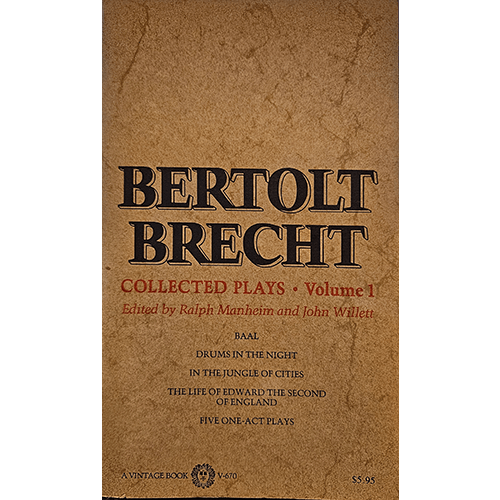 Cover of Bertolt Brecht: Collected Plays, Volume 1, features a textured brown background with bold black lettering for Brecht's name and red text for the title and editors. Includes titles of plays.