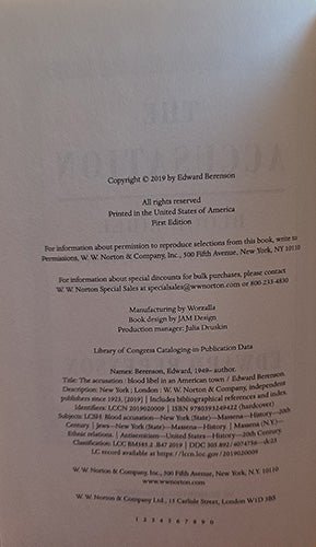 Copyright page showing first edition publication details for The Accusation by Edward Berenson, copyright 2019, W. W. Norton & Company.