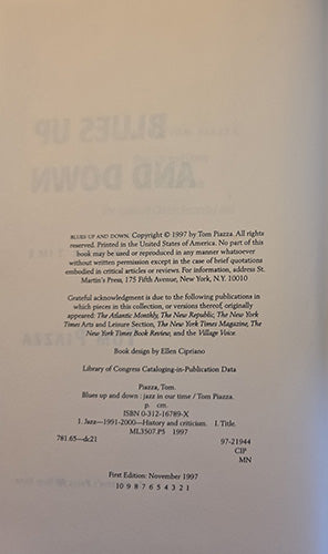 Copyright and publication page of Blues Up and Down: Jazz in Our Time by Tom Piazza, St. Martin’s Press, 1997 first edition.
