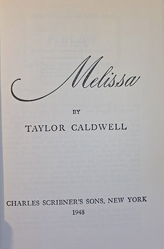 Title page of 'Melissa' by Taylor Caldwell with publisher and year information.