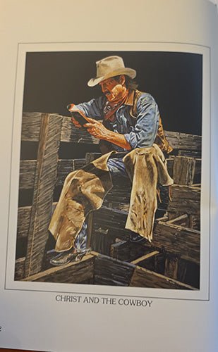 Alt text: Full-page color illustration of a cowboy in a Western setting from Christ and the Cowboy by Kenneth Wyatt.