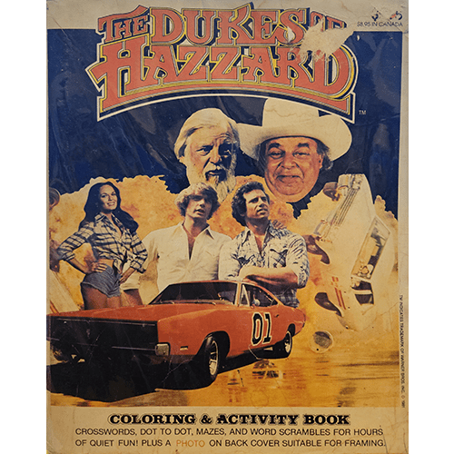 The cover of The Dukes of Hazzard Coloring & Activity Book shows the Duke boys, Daisy Duke, Uncle Jesse, and the iconic General Lee car against a backdrop of vibrant blue and orange hues.