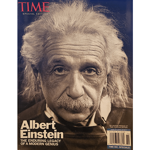 Cover of Time Special Edition featuring a close-up black-and-white portrait of Albert Einstein, showcasing his iconic wild hair and intense gaze, with the title "Albert Einstein: The Enduring Legacy of a Modern Genius."