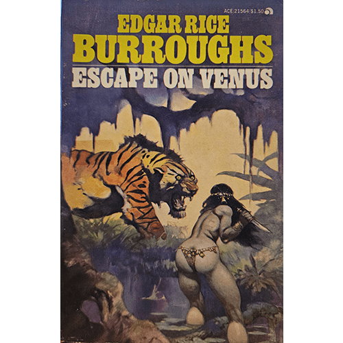 Cover of "Escape on Venus" by Edgar Rice Burroughs features a dramatic scene: a warrior, clad in minimal armor, confronts a fierce tiger amidst a jungle backdrop, highlighting the book's action-packed adventure.