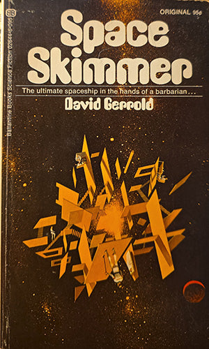 Vintage paperback book cover of 'Space Skimmer' by David Gerrold, featuring a dark brown space-themed background with orange geometric spaceship artwork and cream title text.