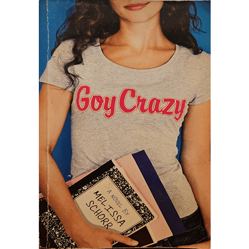 The cover of Goy Crazy by Melissa Schorr features a girl holding school notebooks, wearing a gray T-shirt with the bold red title "Goy Crazy." Her hair is dark and curly, and the background is a vibrant blue.