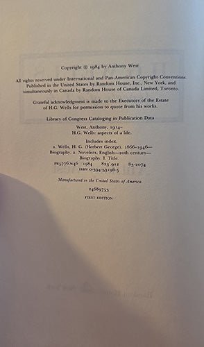 Copyright page for H. G. Wells: Aspects of a Life showing 1984 copyright, First Edition, and ISBN 0-394-53158-5.