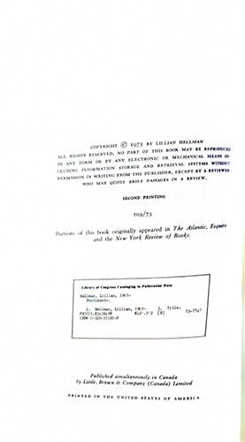 Pentimento: A Book of Portraits — Lillian Hellman (Little, Brown, 1973) – rare, vintage, or collectible item from Deb’s Book Paradise