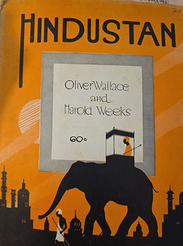 Front cover of vintage 1930s sheet music “Hindustan” showing stylized elephant and city skyline graphic design