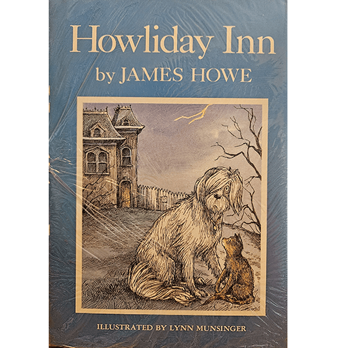  First edition cover of "Howliday Inn" by James Howe, featuring an illustration of a spooky animal boarding kennel. The title is in bold with playful graphics, reflecting the book's humorous and mysterious tone.