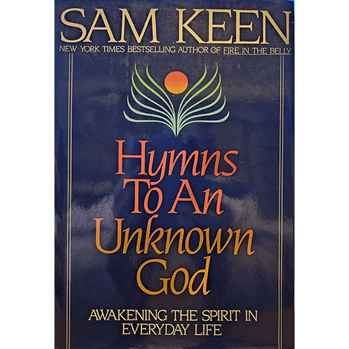 The cover of Hymns to an Unknown God features a deep blue background with a central symbol of radiating lines forming a flower-like design, topped by a glowing orb, with bold orange and yellow text.