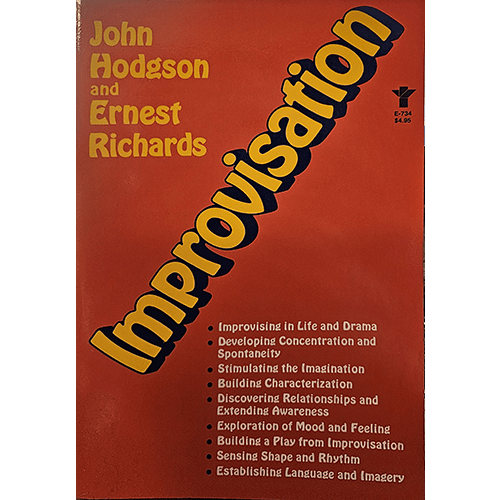 The cover of Improvisation by John Hodgson and Ernest Richards is bright red with large, bold yellow and black title text diagonally across. It lists key topics: life in drama, creativity, and expression.