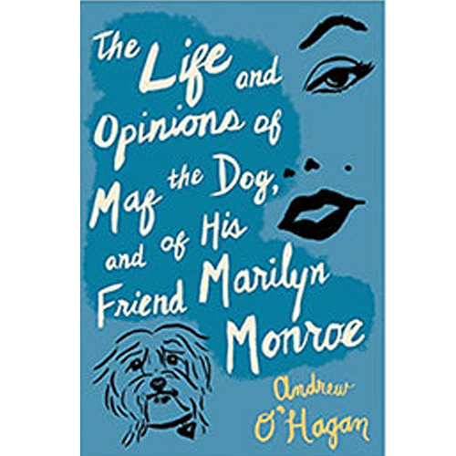 The cover features stylized drawings of Marilyn Monroe's face and a small dog against a blue background. The title "The Life and Opinions of Maf the Dog, and of His Friend Marilyn Monroe" is in white script.