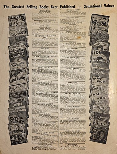 Back cover of vintage sheet music featuring publisher advertisements for popular music books