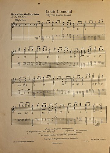 Interior page of vintage sheet music showing Hawaiian guitar solo arrangement with chord symbols