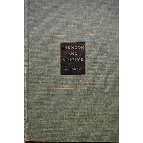 The cover is plain green with a small black square in the center. Title: "The Moon and Sixpence" by Maugham in gold text within the square.