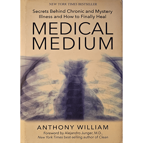 The cover of Medical Medium by Anthony William features an X-ray-style image of a chest cavity with a mysterious glowing energy in the center, symbolizing the deep insights into health and healing within the book.