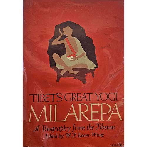 The cover of Tibet's Great Yogi Milarepa features a minimalist illustration of Milarepa, depicted in a meditative pose against a rich, textured red background, highlighting the book's spiritual focus.