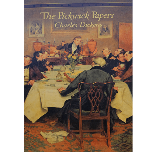 The cover of "The Pickwick Papers" features a vintage-style illustration of a lively dinner scene with Mr. Pickwick and his companions, capturing the book's humorous and social spirit.