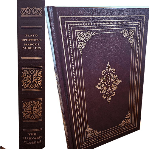 Leather-bound Harvard Classics edition of Plato, Epictetus, and Marcus Aurelius, featuring gold-embossed decorative borders on a dark burgundy cover, spine labeled in gold.