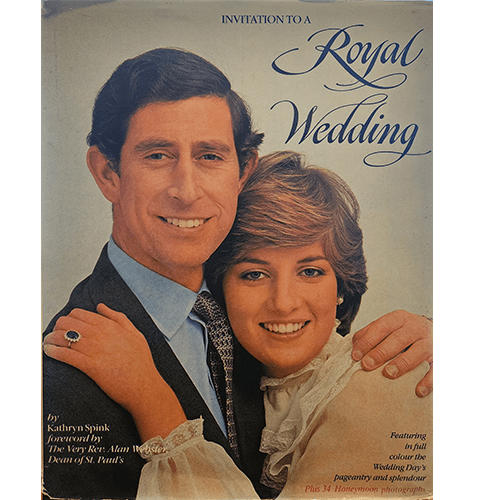 The cover of "Invitation to a Royal Wedding" features a close-up image of Prince Charles and Lady Diana Spencer smiling warmly, showcasing their engagement ring. The title is elegantly scripted in blue.