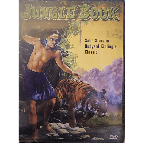 Cover of the 1942 Jungle Book DVD featuring Sabu as Mowgli, standing with a tiger in a lush jungle setting. The title appears at the top, with "Sabu Stars in Rudyard Kipling's Classic" in bold text.