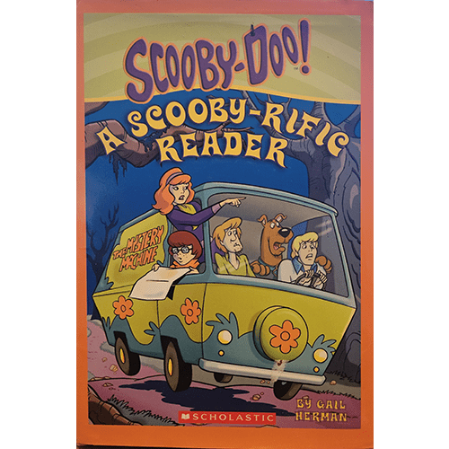 Colorful cover of "Scooby-Doo! A Scooby-Rific Reader" featuring the Mystery Inc. gang—Fred, Daphne, Velma, Shaggy, and Scooby-Doo—in the Mystery Machine, driving through a spooky forest with determined expressions.