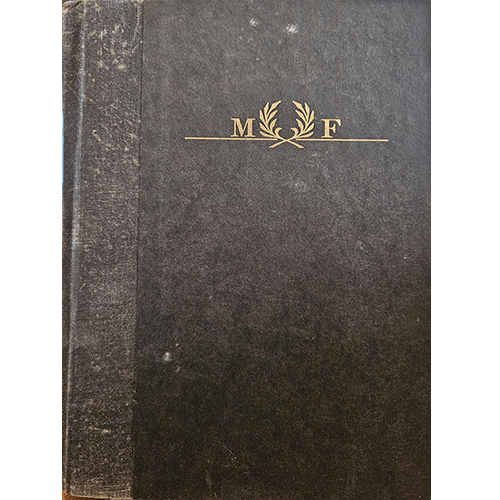 The cover of Citizen Sherman features a black hardcover with the initials "M F" in gold, encircled by a laurel wreath design in the center, symbolizing achievement and authority