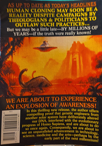 A vintage paperback book back cover featuring a dramatic orange and red sci-fi illustration with a dinosaur, a flying saucer, and bold headline text about human cloning and awareness.
