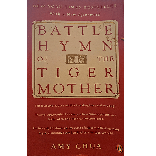 The cover of Battle Hymn of the Tiger Mother by Amy Chua features a deep red background with a classic, slightly worn design. The title is prominently displayed in large, serif font with the author's name below. The subtitle provides insight into the book's focus on cultural differences in parenting.