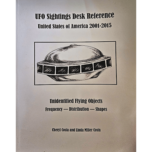 Cover of UFO Sightings Desk Reference: United States of America 2001-2015 by Cheryl and Linda Costa, featuring a grayscale illustration of a classic UFO shape, highlighting its research focus on sightings data.